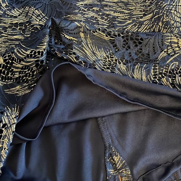 Marina cocktail stretch lace foil dress STATEMENT sheer BACK sheath navy gold L - Picture 14 of 16